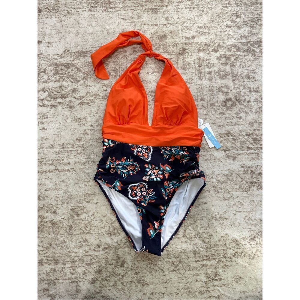NWT Cupshe Women's Halter Backless Tummy Control Floral Swimsuit Orange Navy XL